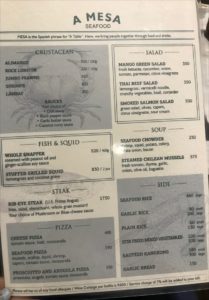 マクタン島マリバゴ地区にあるスペイン料理レストランA Mesa Seafood and Tapas Barのメニュー